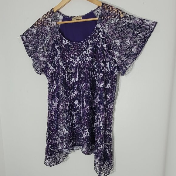 Brochure Women's Purple White Abstract Short Sleeve Scoop Neck Office Casual XL - Picture 2 of 10